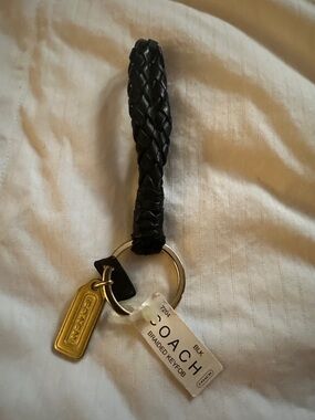Coach Black Braided Leather Key Fob with Gold Tag